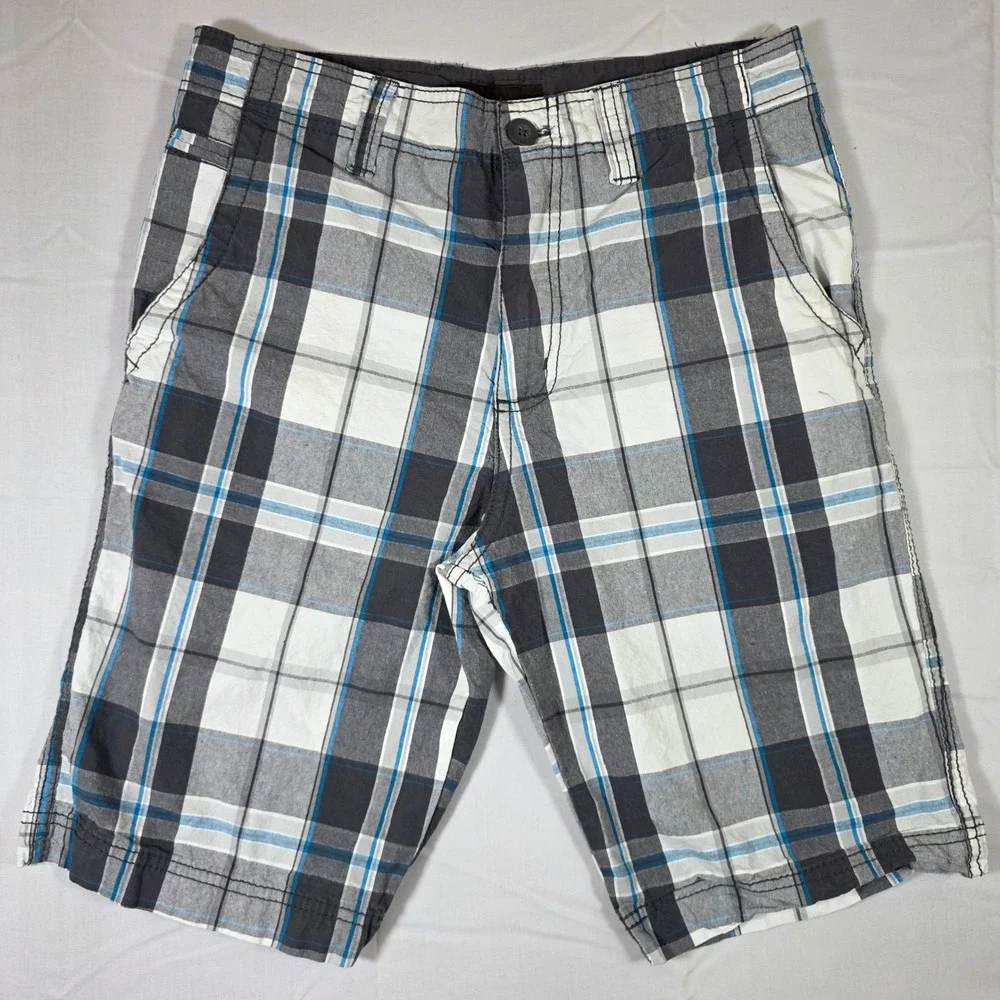 No Boundaries Mens Plaid Shorts Aqua Blue Grey White Cotton Size 30